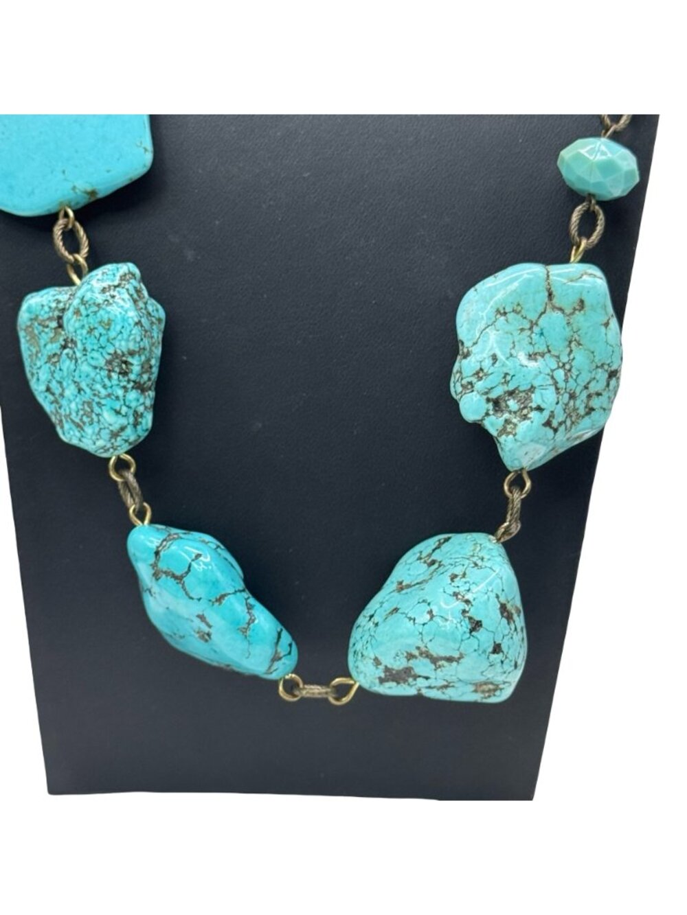 Chicos Chunky Turquoise Statement Necklace Vintage Bronze Chain 41" Bold Heavy - Picture 2 of 9